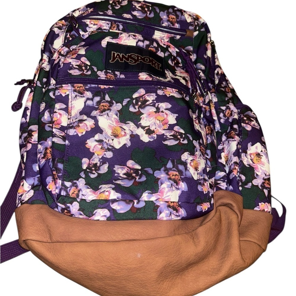 Jansport purple flowers floral leather bottom bookbag backpack